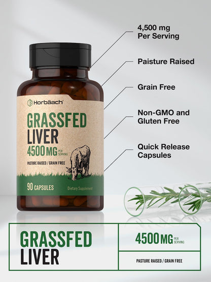 Horbäach Grass Fed Beef Liver | 4500mg | 90 Capsules | Desiccated, Pasture Raised, Grain Free, Non-GMO Supplement - dailyvitalstore