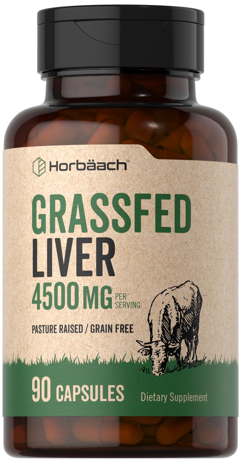 Horbäach Grass Fed Beef Liver | 4500mg | 90 Capsules | Desiccated, Pasture Raised, Grain Free, Non-GMO Supplement - dailyvitalstore