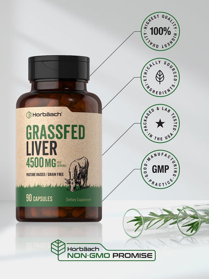 Horbäach Grass Fed Beef Liver | 4500mg | 90 Capsules | Desiccated, Pasture Raised, Grain Free, Non-GMO Supplement - dailyvitalstore