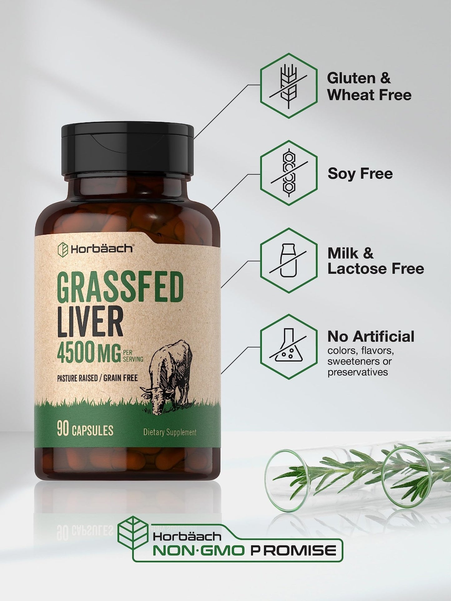 Horbäach Grass Fed Beef Liver | 4500mg | 90 Capsules | Desiccated, Pasture Raised, Grain Free, Non-GMO Supplement - dailyvitalstore