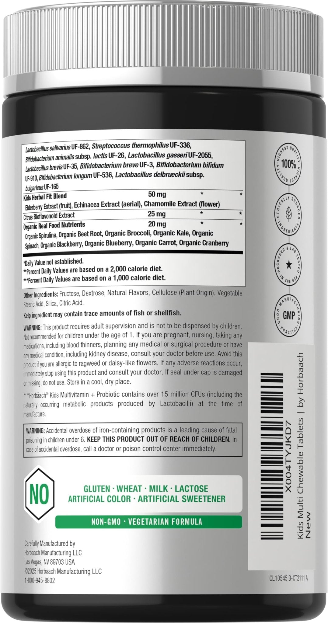 Horbäach Kids Multivitamin with Probiotics | 100 Chewable Tablets | Fruit Punch Flavor | Vegetarian, Non-GMO, Gluten Free Children's Supplement - dailyvitalstore