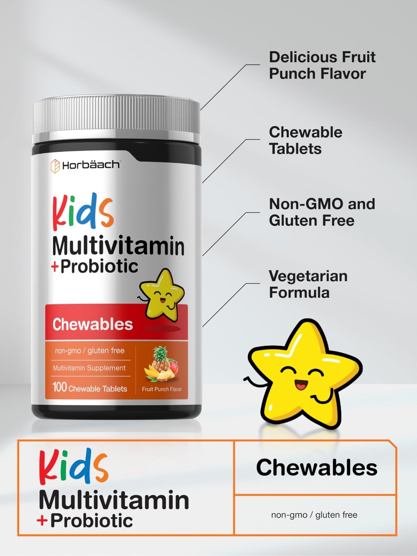 Horbäach Kids Multivitamin with Probiotics | 100 Chewable Tablets | Fruit Punch Flavor | Vegetarian, Non-GMO, Gluten Free Children's Supplement - dailyvitalstore