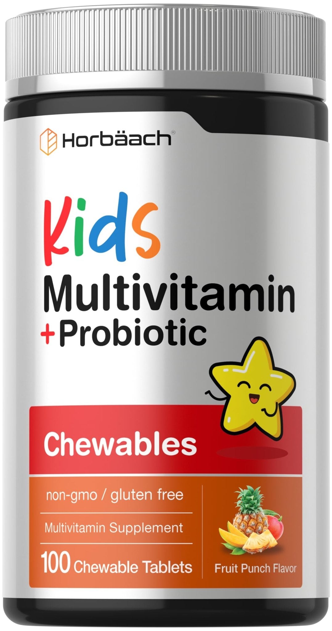 Horbäach Kids Multivitamin with Probiotics | 100 Chewable Tablets | Fruit Punch Flavor | Vegetarian, Non-GMO, Gluten Free Children's Supplement - dailyvitalstore