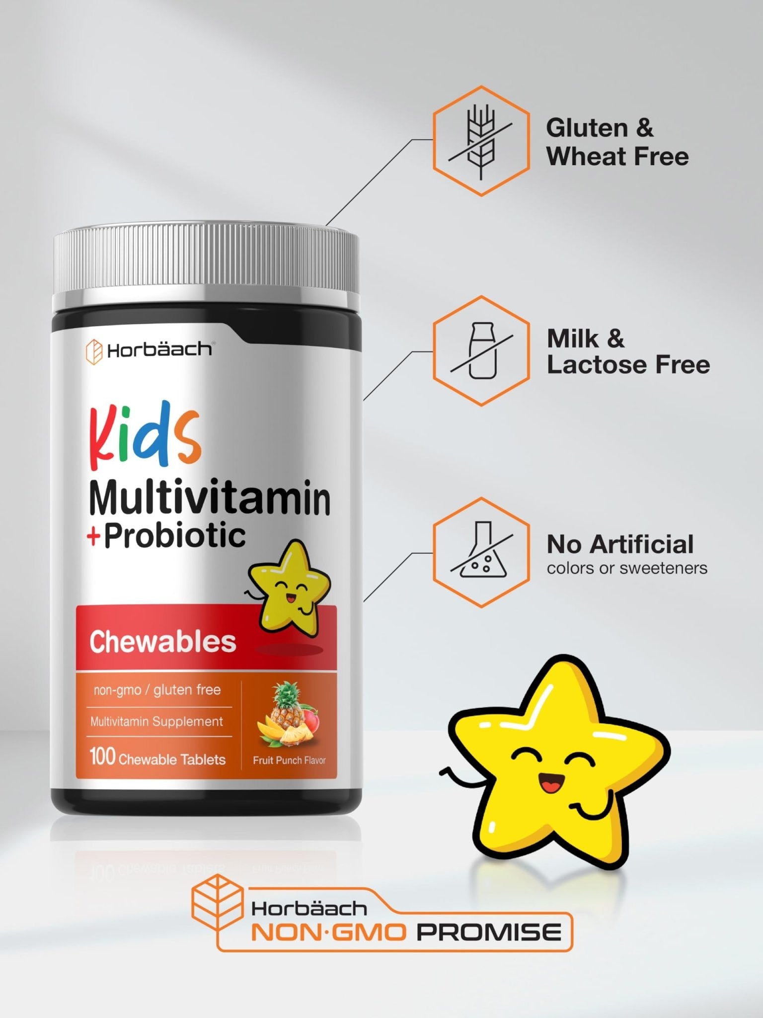 Horbäach Kids Multivitamin with Probiotics | 100 Chewable Tablets | Fruit Punch Flavor | Vegetarian, Non-GMO, Gluten Free Children's Supplement - dailyvitalstore