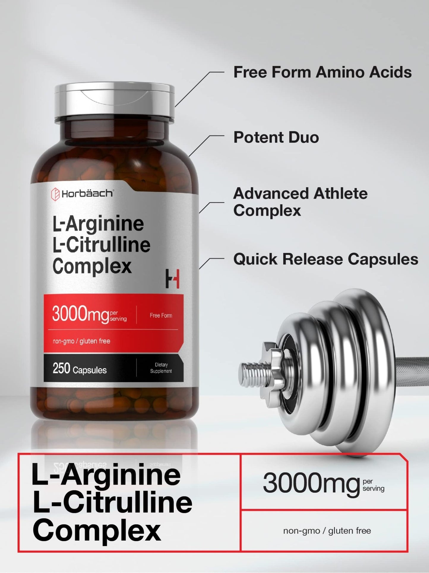 Horbäach L-Arginine L-Citrulline Complex | 3000mg | 250 Capsules | Non-GMO, Gluten Free Supplement - dailyvitalstore