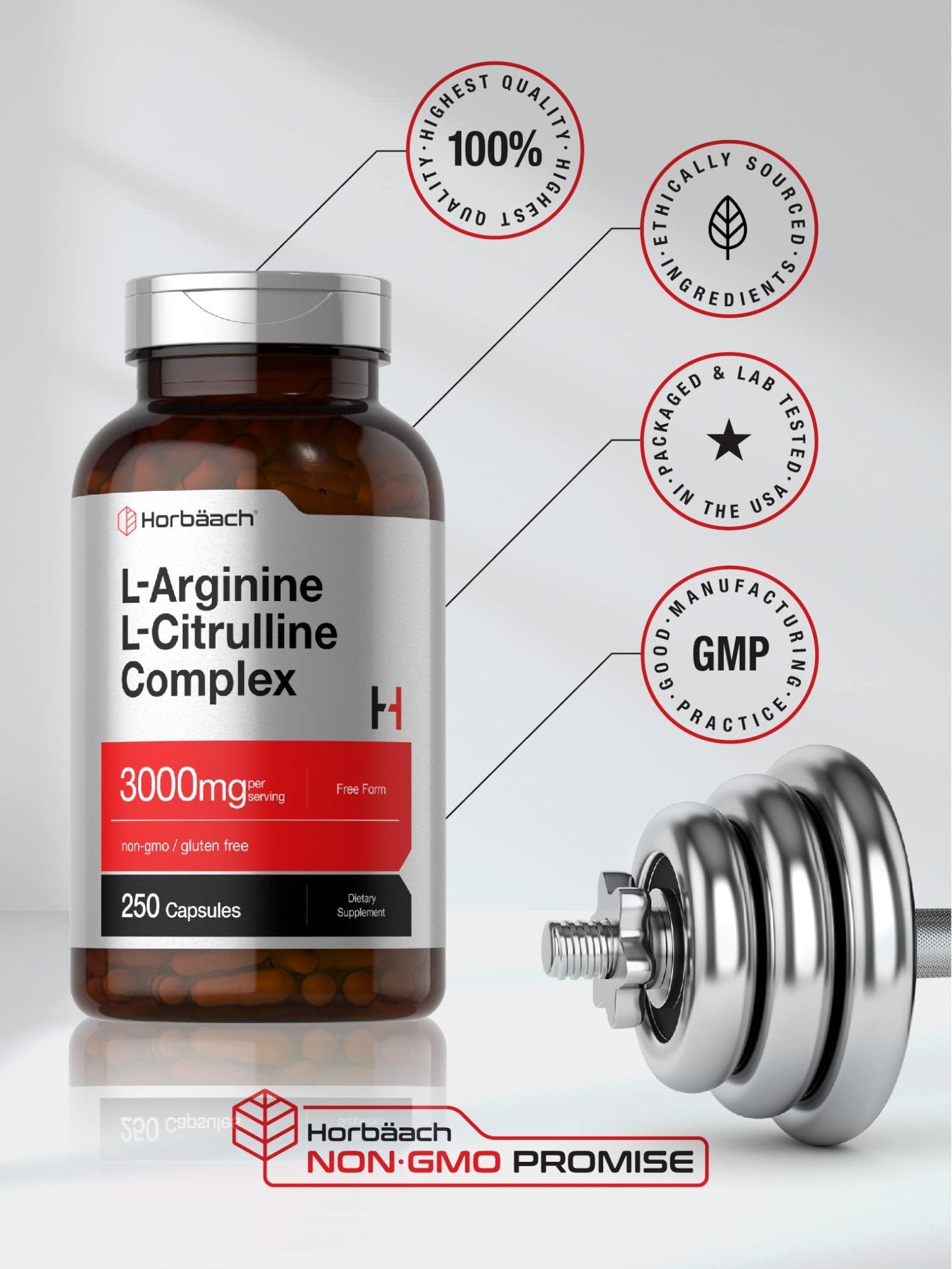 Horbäach L-Arginine L-Citrulline Complex | 3000mg | 250 Capsules | Non-GMO, Gluten Free Supplement - dailyvitalstore