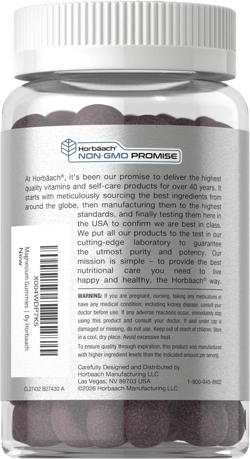 Horbäach Magnesium Glycinate Gummies | 60 Count | Sour Grape Flavor | High Absorption | Vegan, Non-GMO, Gluten Free - dailyvitalstore