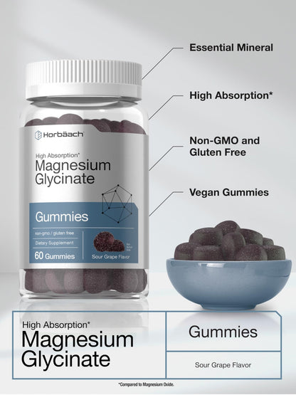 Horbäach Magnesium Glycinate Gummies | 60 Count | Sour Grape Flavor | High Absorption | Vegan, Non-GMO, Gluten Free - dailyvitalstore