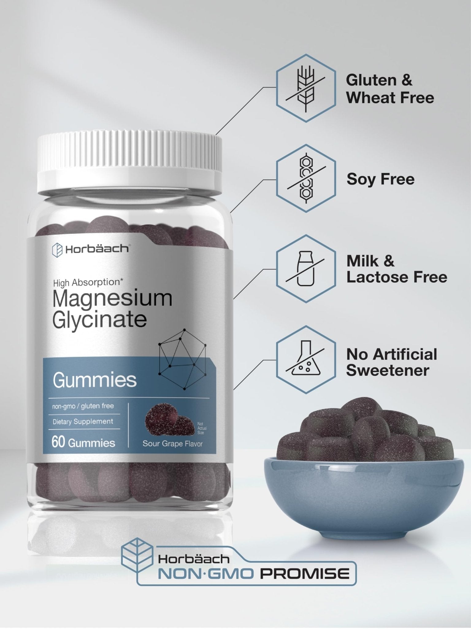 Horbäach Magnesium Glycinate Gummies | 60 Count | Sour Grape Flavor | High Absorption | Vegan, Non-GMO, Gluten Free - dailyvitalstore
