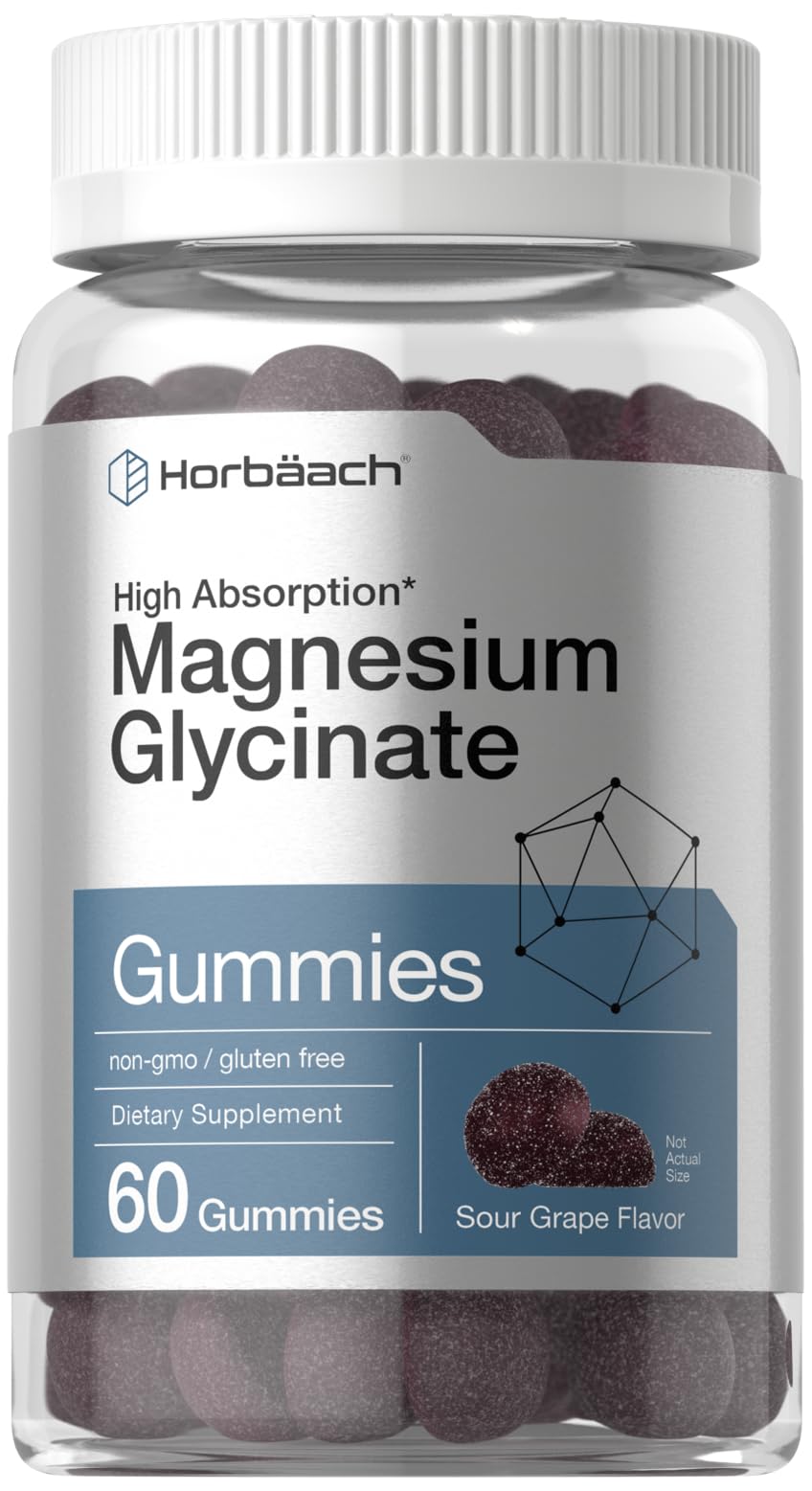 Horbäach Magnesium Glycinate Gummies | 60 Count | Sour Grape Flavor | High Absorption | Vegan, Non-GMO, Gluten Free - dailyvitalstore