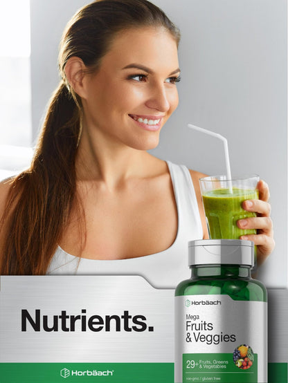 Horbäach Mega Fruits and Veggies Supplement | 100 Capsules | Vegetarian, Non-GMO and Gluten Free - dailyvitalstore