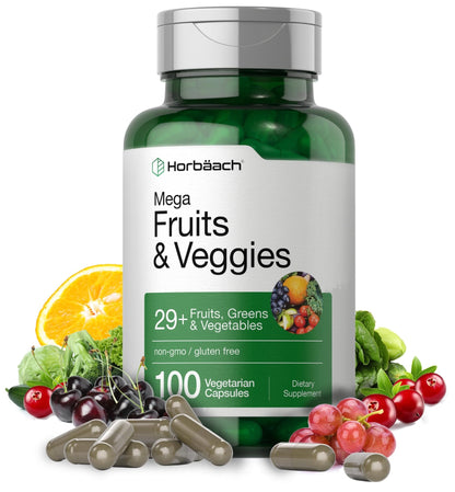 Horbäach Mega Fruits and Veggies Supplement | 100 Capsules | Vegetarian, Non-GMO and Gluten Free - dailyvitalstore