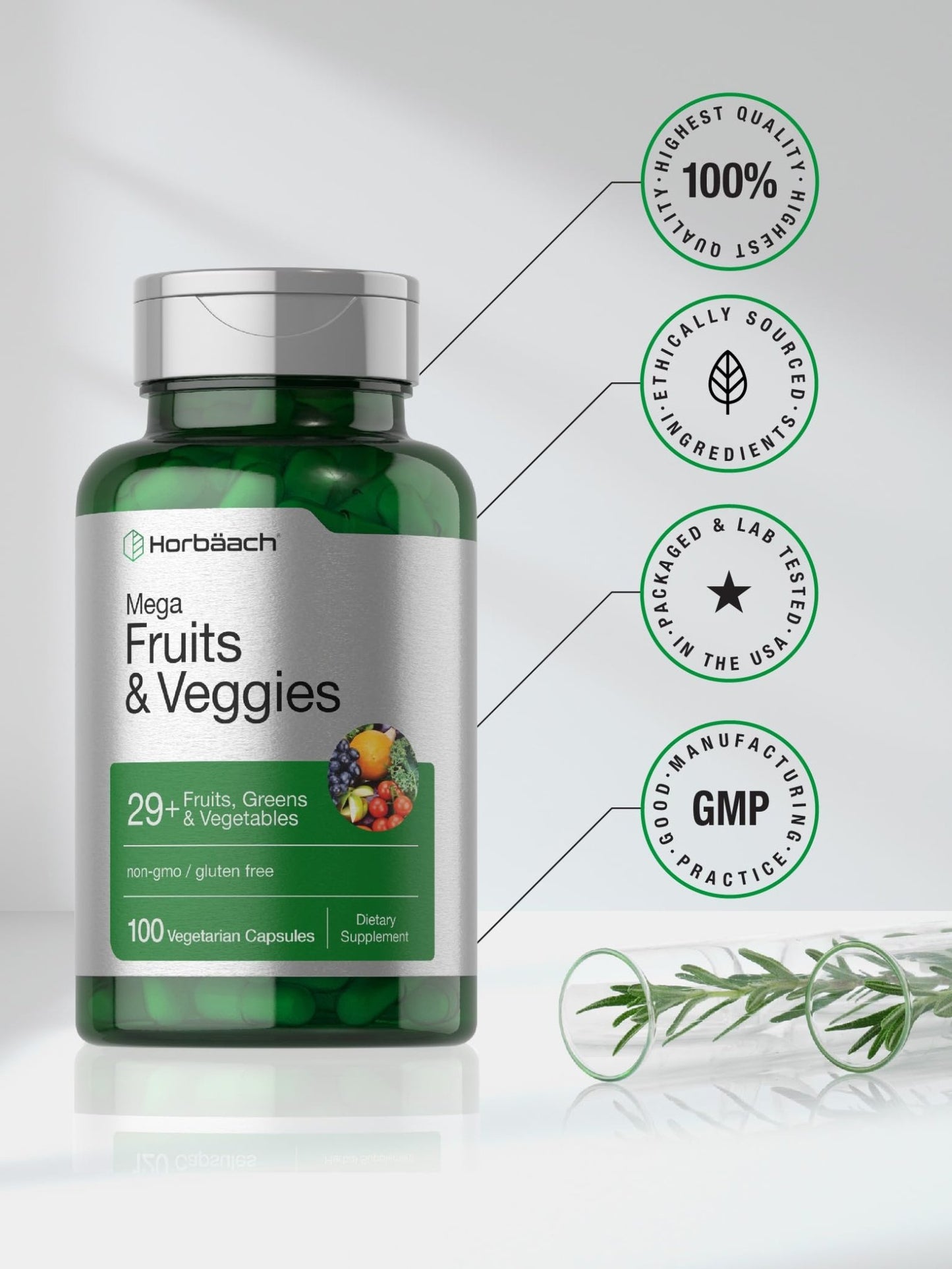 Horbäach Mega Fruits and Veggies Supplement | 100 Capsules | Vegetarian, Non-GMO and Gluten Free - dailyvitalstore
