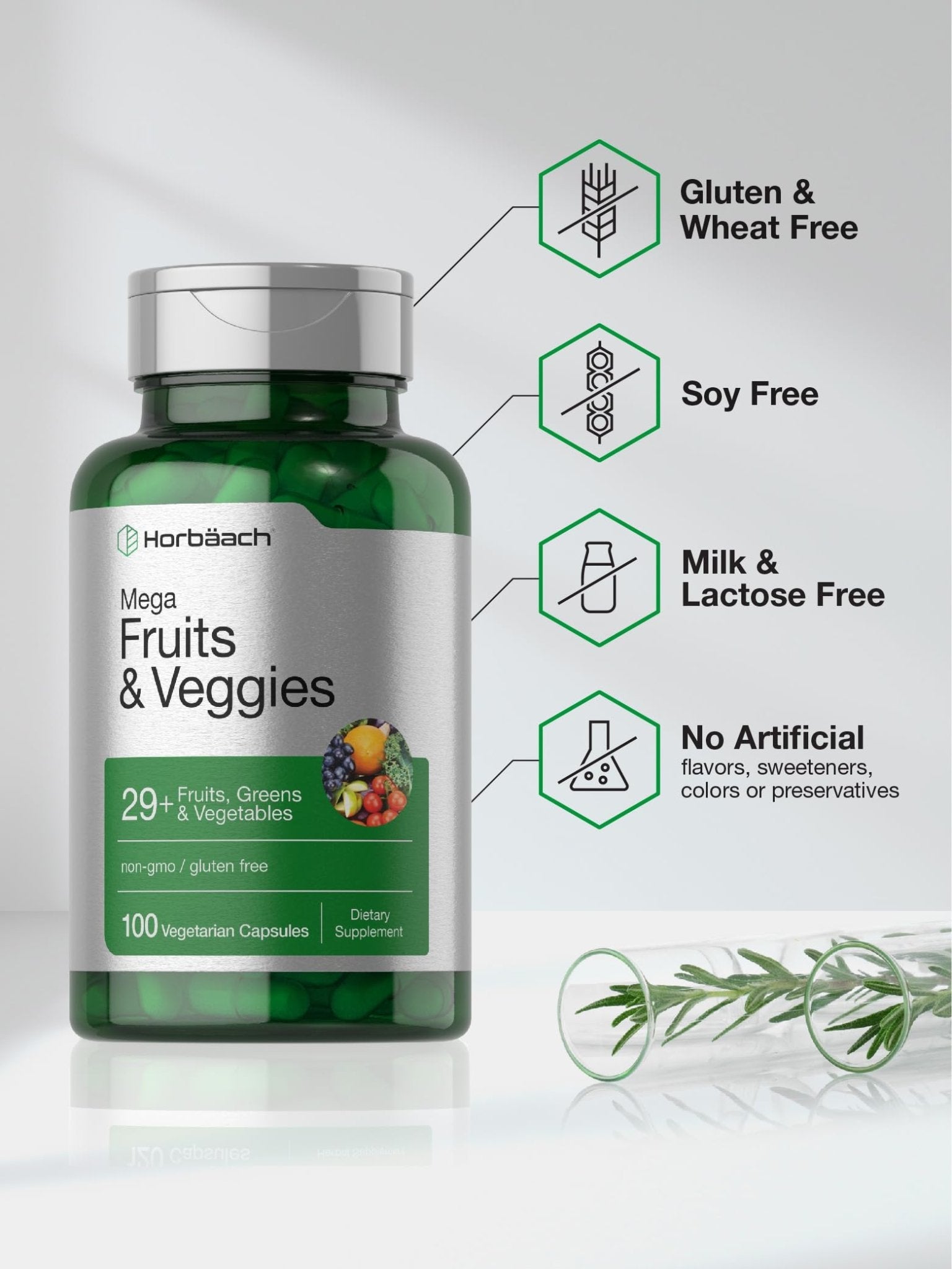 Horbäach Mega Fruits and Veggies Supplement | 100 Capsules | Vegetarian, Non-GMO and Gluten Free - dailyvitalstore