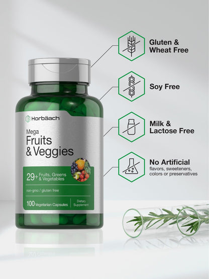 Horbäach Mega Fruits and Veggies Supplement | 100 Capsules | Vegetarian, Non-GMO and Gluten Free - dailyvitalstore