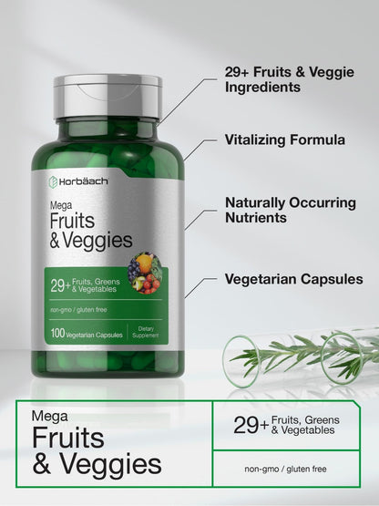 Horbäach Mega Fruits and Veggies Supplement | 100 Capsules | Vegetarian, Non-GMO and Gluten Free - dailyvitalstore