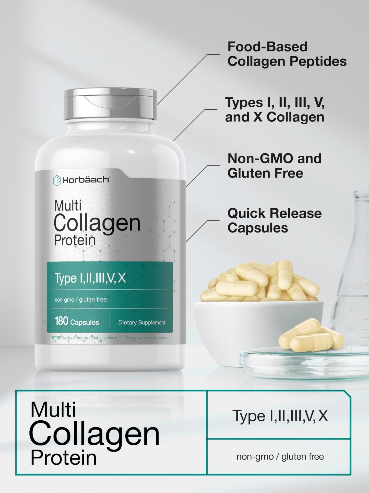 Horbäach Multi Collagen Protein 2000 mg | 180 Capsules | Hydrolyzed Collagen Type I, II, III, V, X | Keto & Paleo Friendly, Non-GMO, Gluten Free Supplement - dailyvitalstore