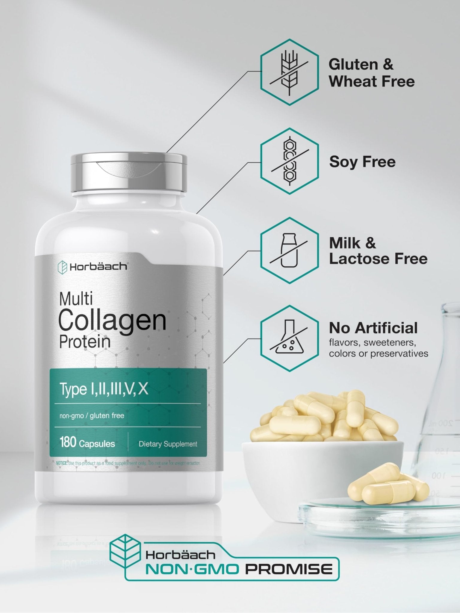 Horbäach Multi Collagen Protein 2000 mg | 180 Capsules | Hydrolyzed Collagen Type I, II, III, V, X | Keto & Paleo Friendly, Non-GMO, Gluten Free Supplement - dailyvitalstore