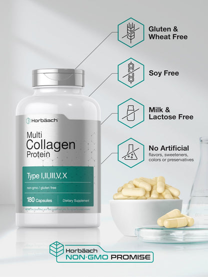Horbäach Multi Collagen Protein 2000 mg | 180 Capsules | Hydrolyzed Collagen Type I, II, III, V, X | Keto & Paleo Friendly, Non-GMO, Gluten Free Supplement - dailyvitalstore
