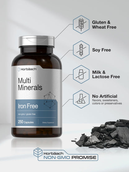 Horbäach Multi Minerals Supplement | 250 Capsules | Iron Free | Daily Mineral Complex for Men and Women | Non-GMO & Gluten Free - dailyvitalstore
