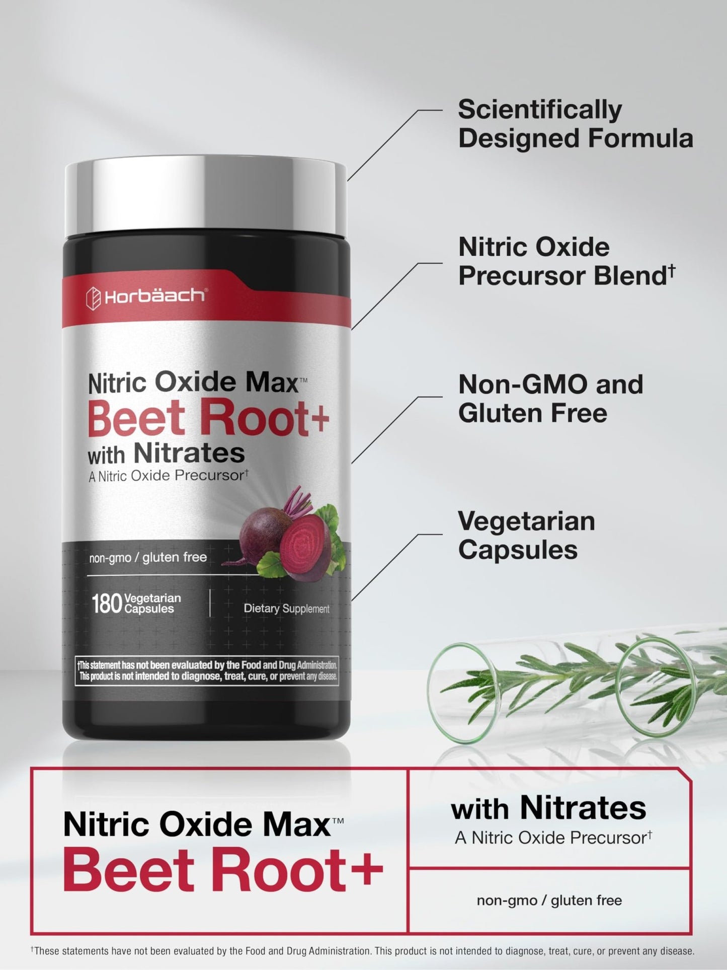 Horbäach Nitric Oxide Beet Root Capsules | 180 Count | with Nitrates and Precursor | for Men and Women | Vegetarian, Non-GMO - dailyvitalstore
