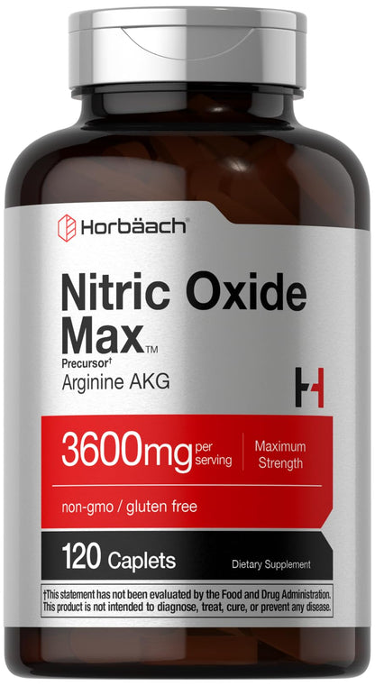 Horbäach Nitric Oxide Max 3600mg | 120 Caplets | with Arginine AAKG for Men and Women | Vegetarian, Non-GMO - dailyvitalstore