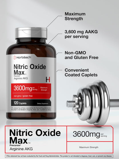 Horbäach Nitric Oxide Max 3600mg | 120 Caplets | with Arginine AAKG for Men and Women | Vegetarian, Non-GMO - dailyvitalstore