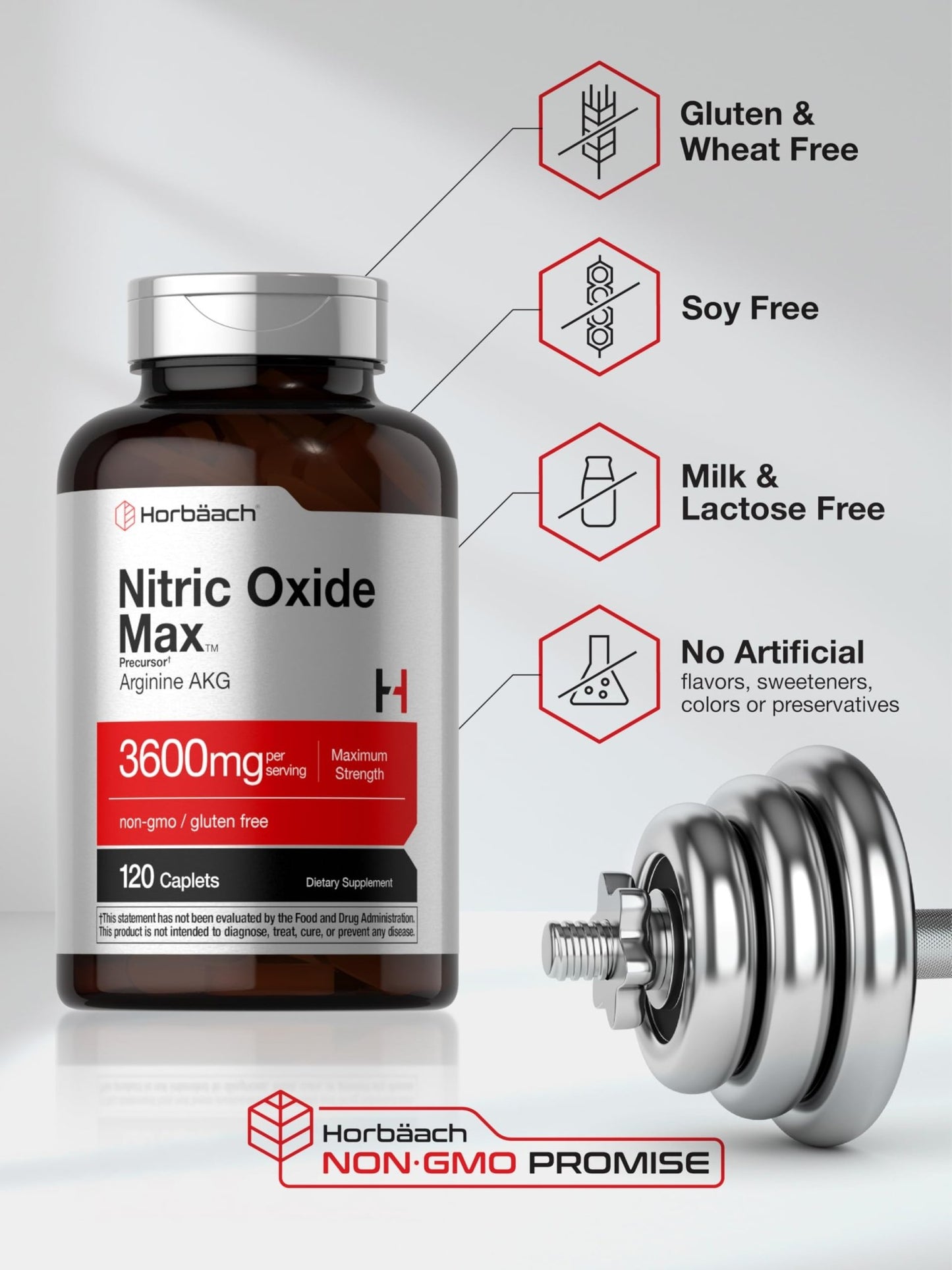 Horbäach Nitric Oxide Max 3600mg | 120 Caplets | with Arginine AAKG for Men and Women | Vegetarian, Non-GMO - dailyvitalstore