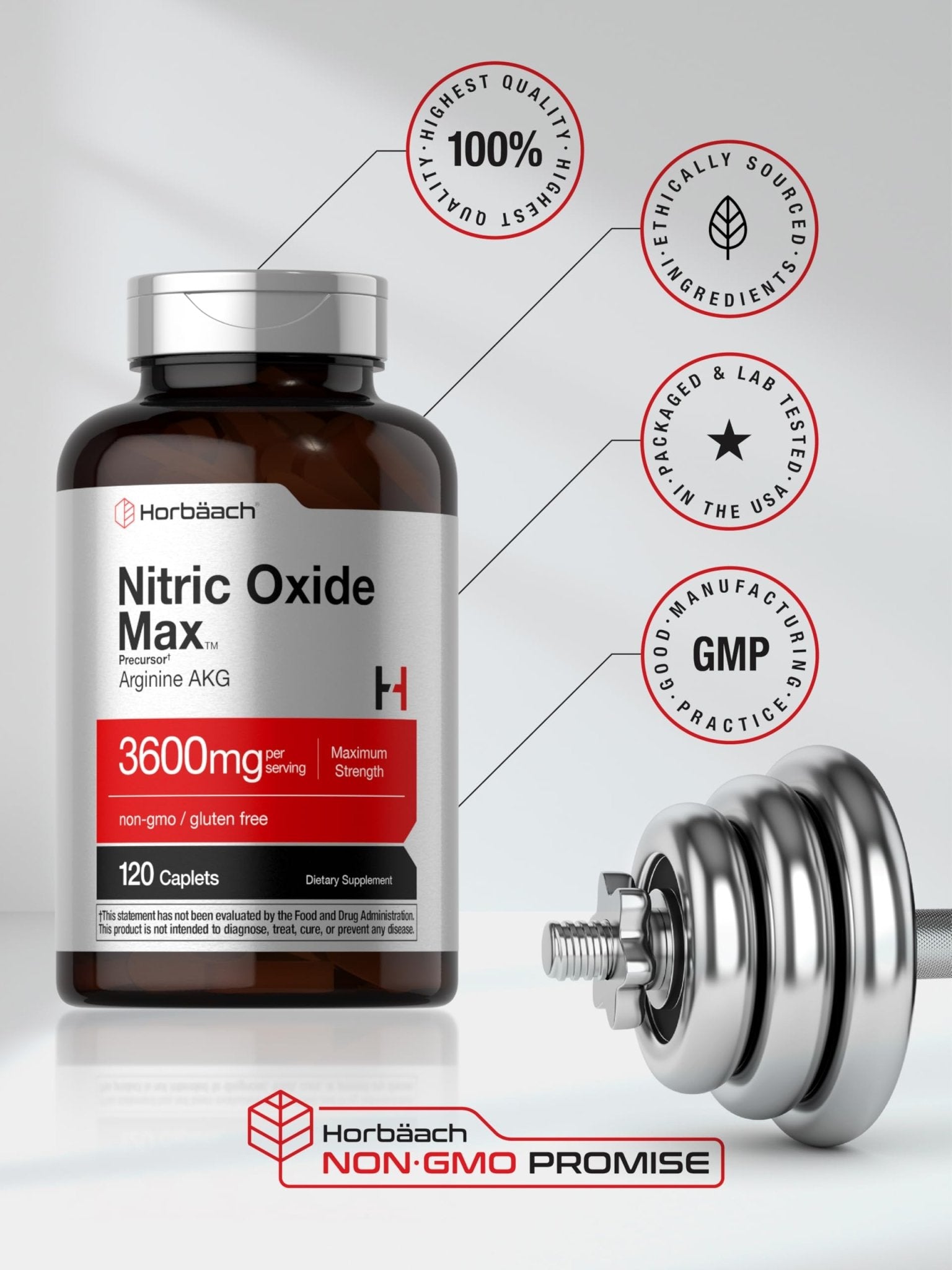 Horbäach Nitric Oxide Max 3600mg | 120 Caplets | with Arginine AAKG for Men and Women | Vegetarian, Non-GMO - dailyvitalstore