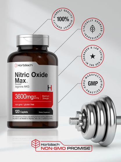 Horbäach Nitric Oxide Max 3600mg | 120 Caplets | with Arginine AAKG for Men and Women | Vegetarian, Non-GMO - dailyvitalstore