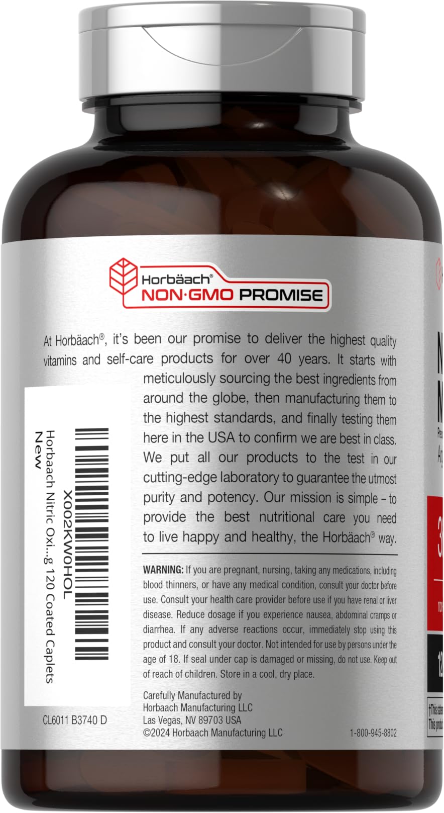 Horbäach Nitric Oxide Max 3600mg | 120 Caplets | with Arginine AAKG for Men and Women | Vegetarian, Non-GMO - dailyvitalstore