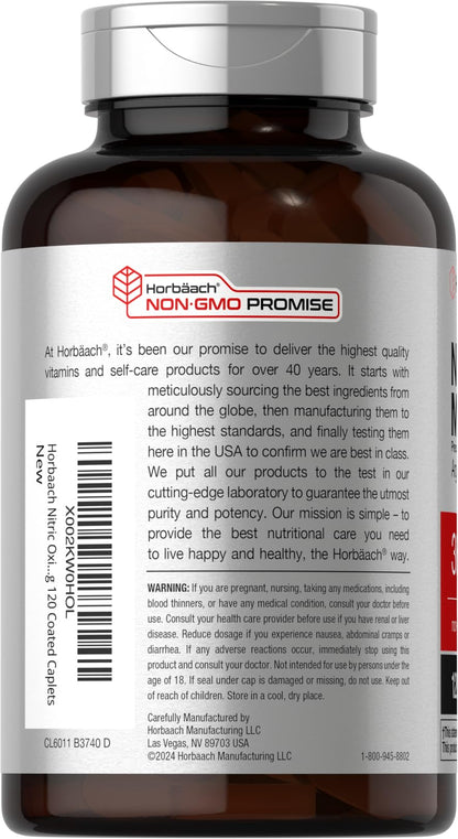 Horbäach Nitric Oxide Max 3600mg | 120 Caplets | with Arginine AAKG for Men and Women | Vegetarian, Non-GMO - dailyvitalstore