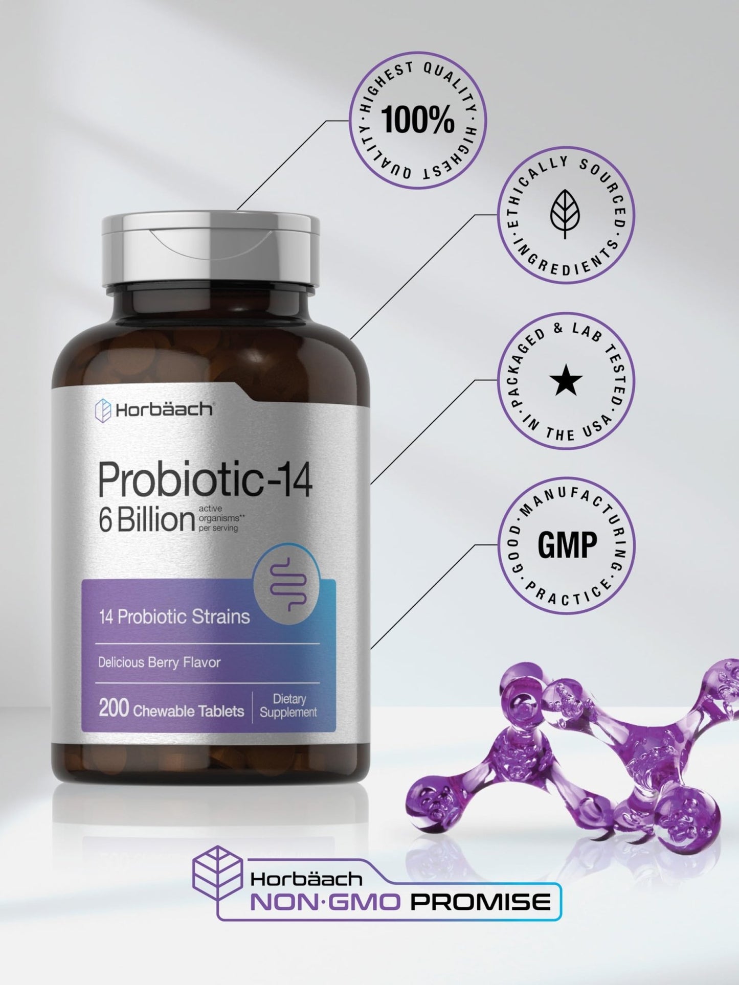 Horbäach Probiotics 6 Billion CFUs | 200 Chewable Tablets | Berry Flavor | 14 Probiotic Strains | Vegetarian, Non-GMO & Gluten Free Supplement for Men & Women - dailyvitalstore