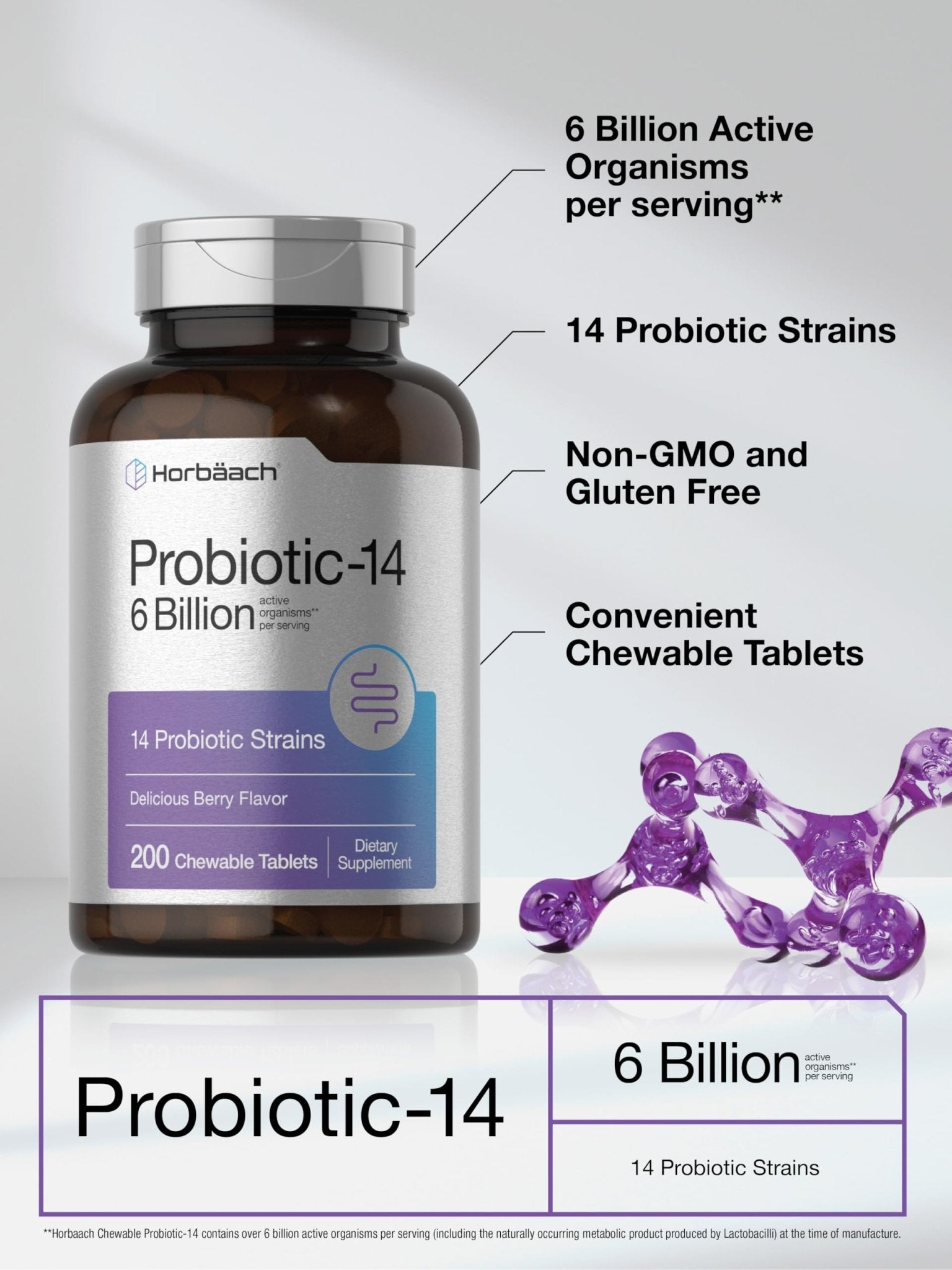 Horbäach Probiotics 6 Billion CFUs | 200 Chewable Tablets | Berry Flavor | 14 Probiotic Strains | Vegetarian, Non-GMO & Gluten Free Supplement for Men & Women - dailyvitalstore