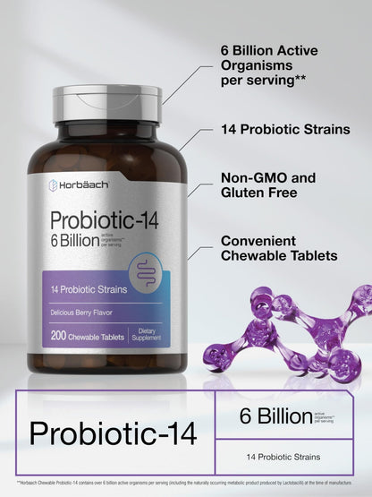 Horbäach Probiotics 6 Billion CFUs | 200 Chewable Tablets | Berry Flavor | 14 Probiotic Strains | Vegetarian, Non-GMO & Gluten Free Supplement for Men & Women - dailyvitalstore