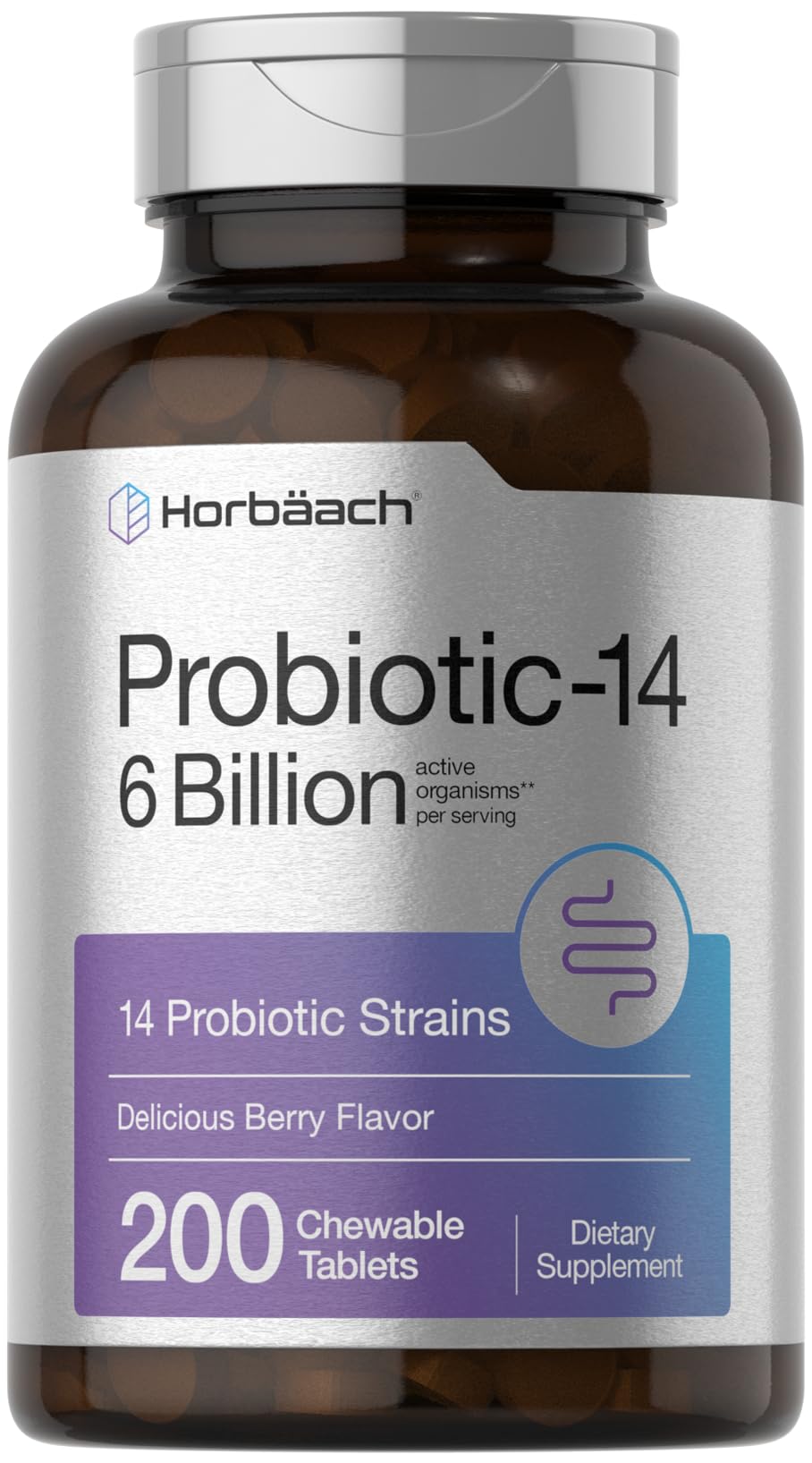 Horbäach Probiotics 6 Billion CFUs | 200 Chewable Tablets | Berry Flavor | 14 Probiotic Strains | Vegetarian, Non-GMO & Gluten Free Supplement for Men & Women - dailyvitalstore