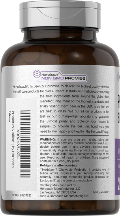 Horbäach Probiotics 6 Billion CFUs | 200 Chewable Tablets | Berry Flavor | 14 Probiotic Strains | Vegetarian, Non-GMO & Gluten Free Supplement for Men & Women - dailyvitalstore