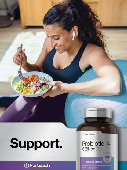 Horbäach Probiotics 6 Billion CFUs | 200 Chewable Tablets | Berry Flavor | 14 Probiotic Strains | Vegetarian, Non-GMO & Gluten Free Supplement for Men & Women - dailyvitalstore
