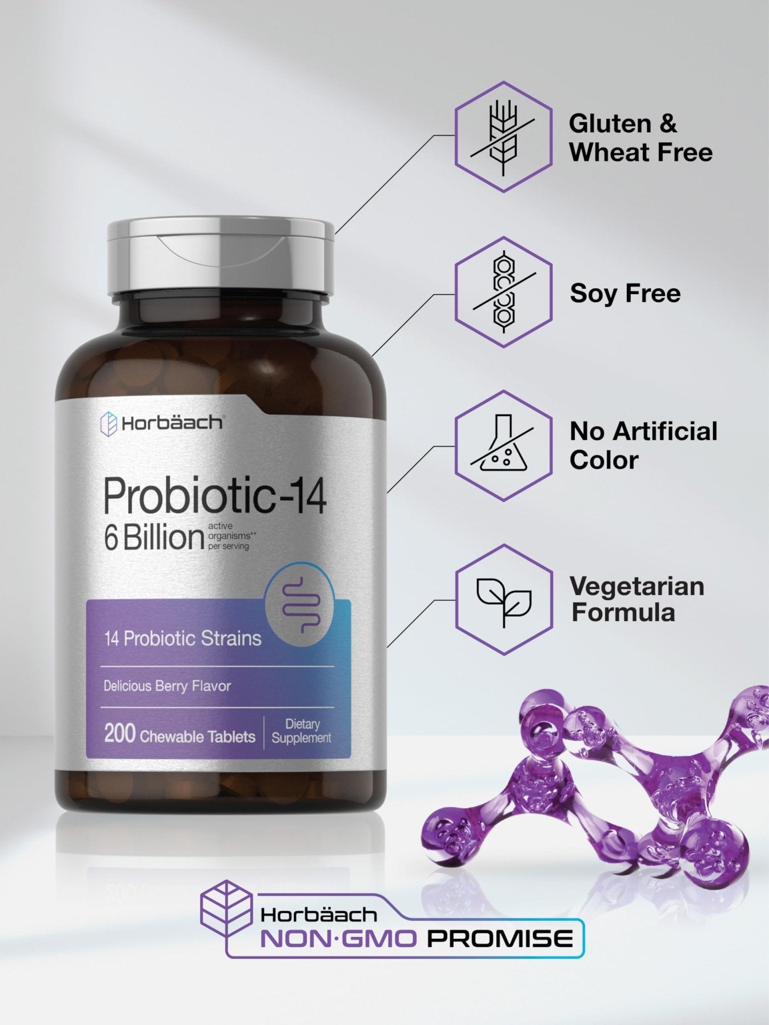 Horbäach Probiotics 6 Billion CFUs | 200 Chewable Tablets | Berry Flavor | 14 Probiotic Strains | Vegetarian, Non-GMO & Gluten Free Supplement for Men & Women - dailyvitalstore