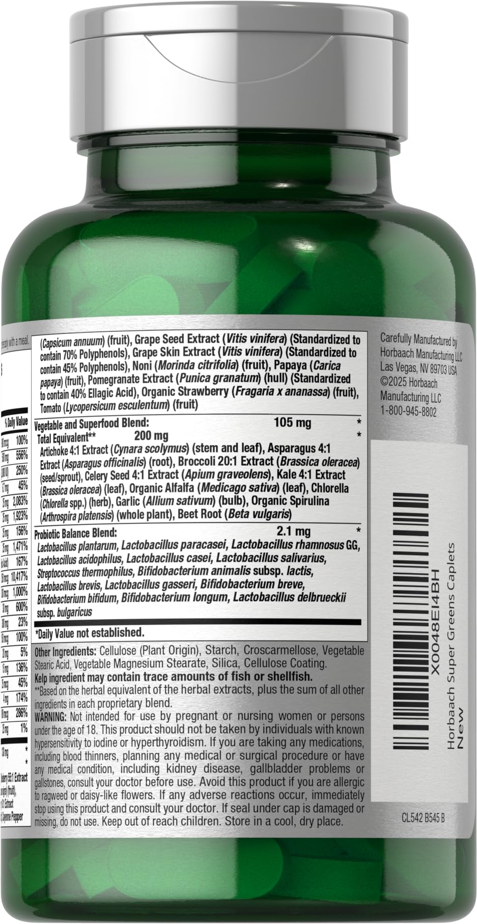 Horbäach Super Greens Supplement with Probiotics | 150 Caplets | Non-GMO, and Gluten Free - dailyvitalstore