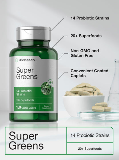 Horbäach Super Greens Supplement with Probiotics | 150 Caplets | Non-GMO, and Gluten Free - dailyvitalstore