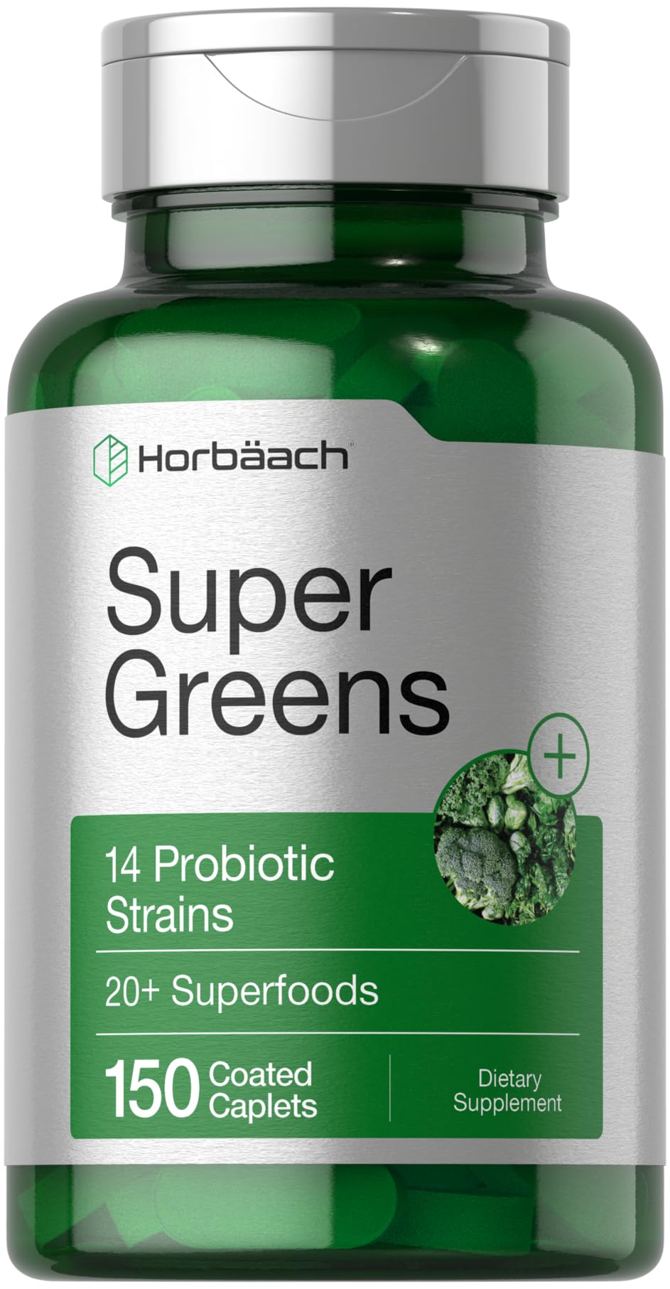 Horbäach Super Greens Supplement with Probiotics | 150 Caplets | Non-GMO, and Gluten Free - dailyvitalstore