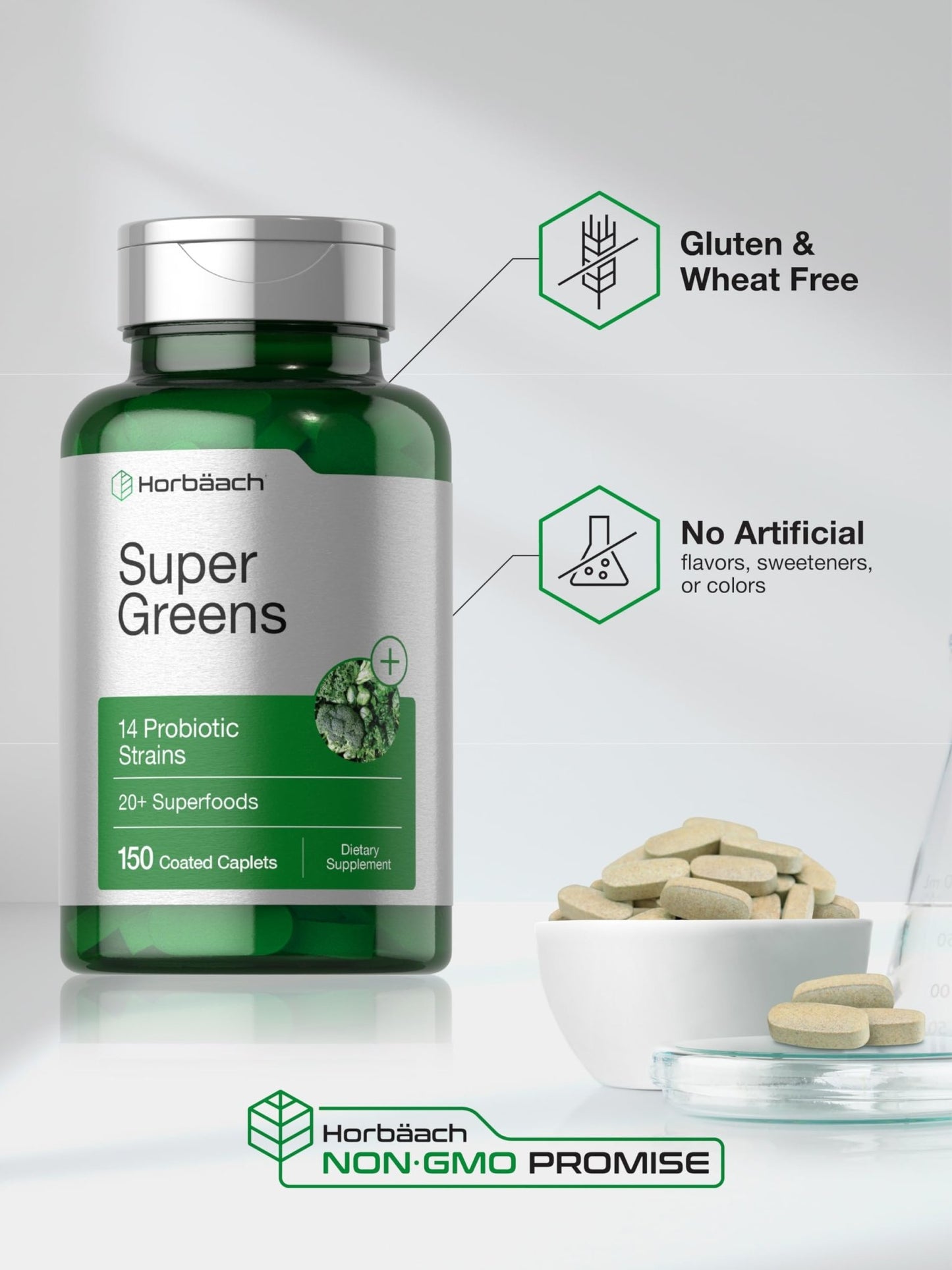Horbäach Super Greens Supplement with Probiotics | 150 Caplets | Non-GMO, and Gluten Free - dailyvitalstore