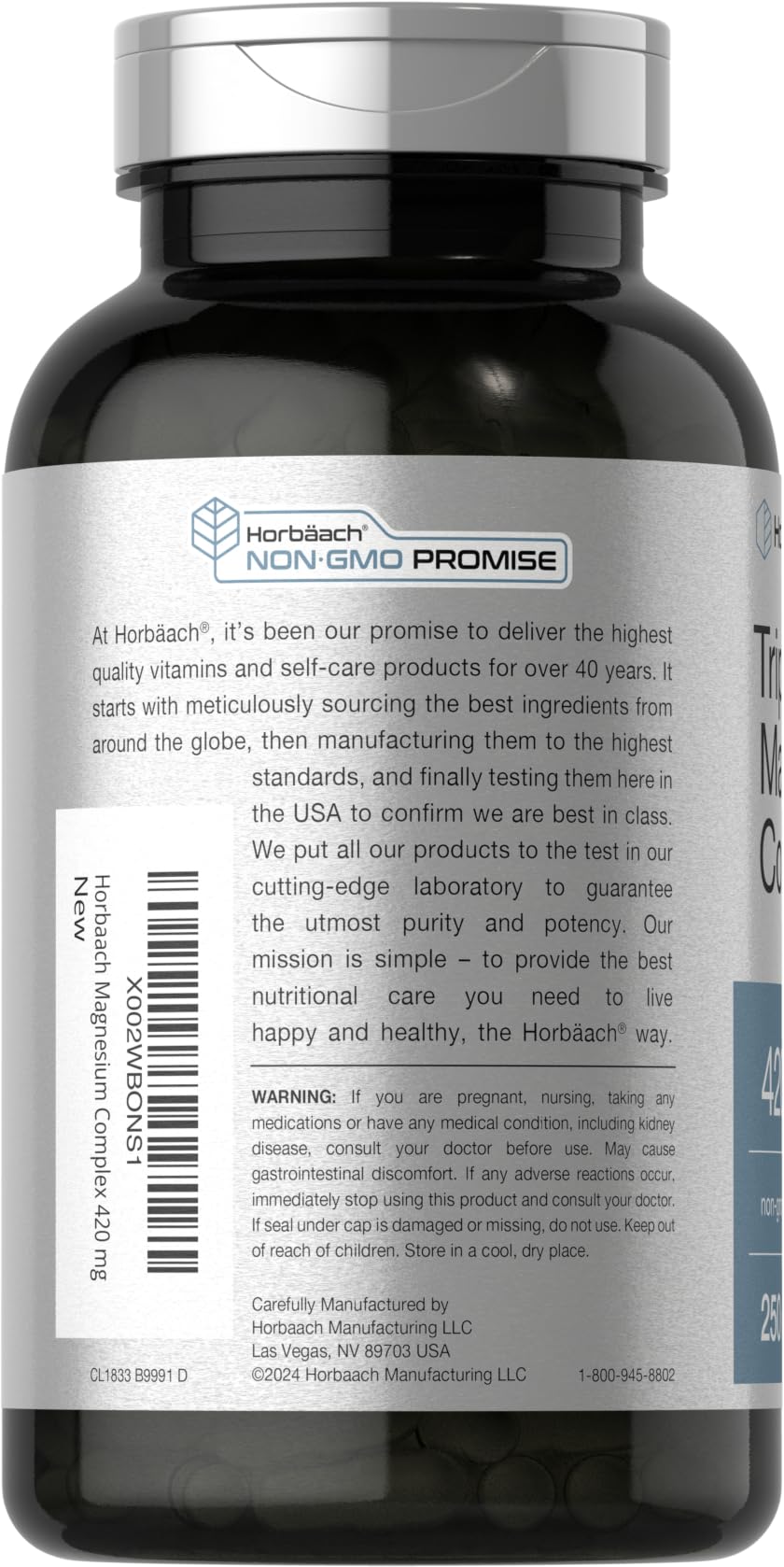 Horbäach Triple Magnesium Complex | 420 mg | 250 Capsules | Non-GMO and Gluten Free Formula | Magnesium Oxide, Citrate, and Aspartate Dietary Supplement - dailyvitalstore