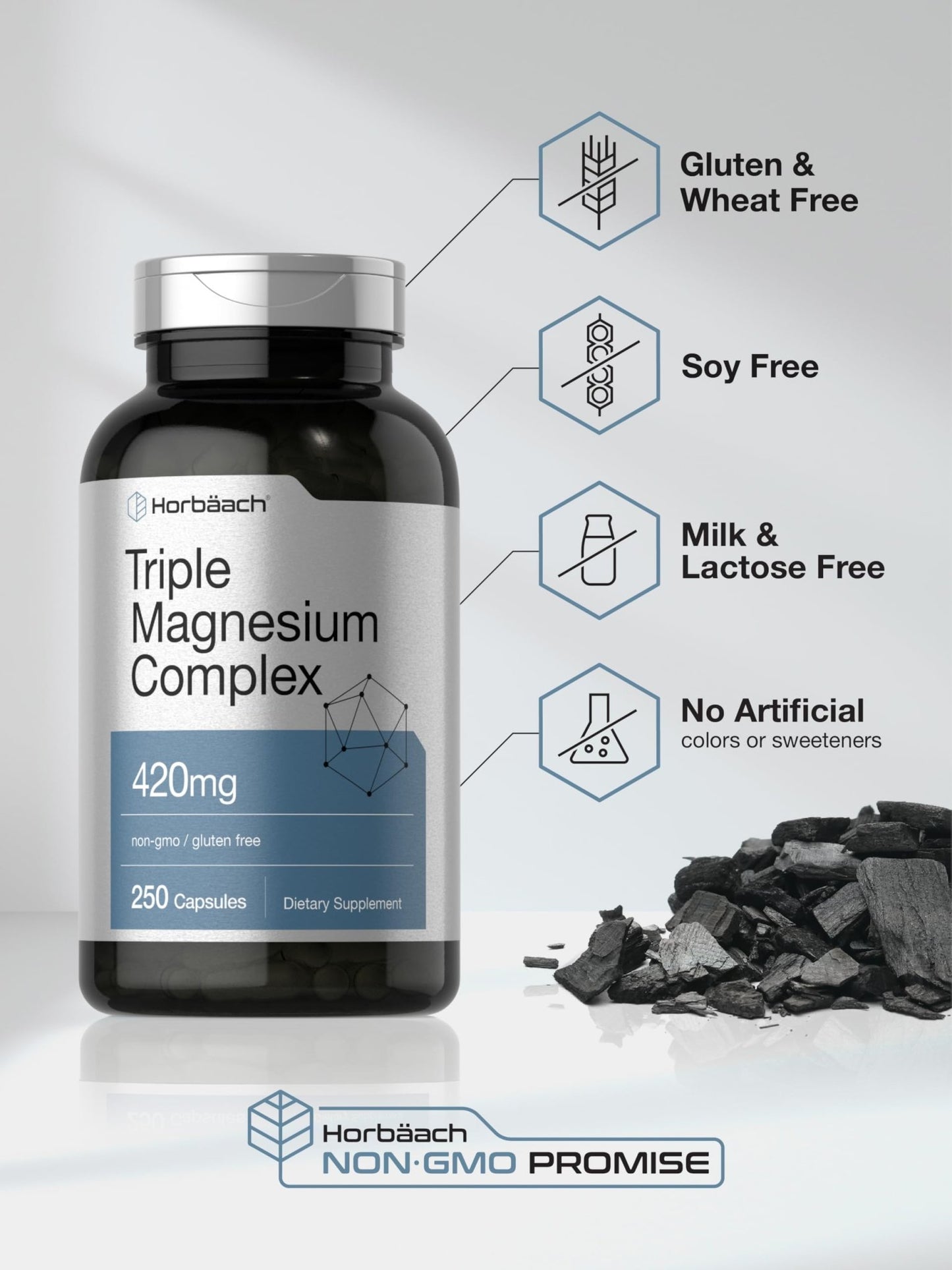 Horbäach Triple Magnesium Complex | 420 mg | 250 Capsules | Non-GMO and Gluten Free Formula | Magnesium Oxide, Citrate, and Aspartate Dietary Supplement - dailyvitalstore