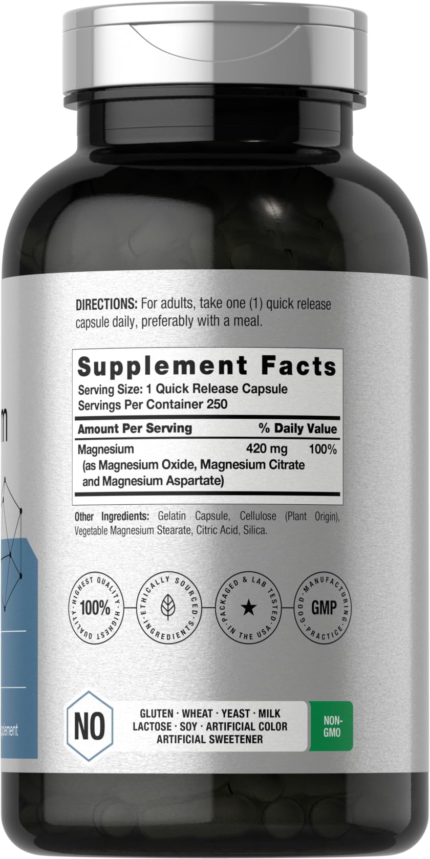 Horbäach Triple Magnesium Complex | 420 mg | 250 Capsules | Non-GMO and Gluten Free Formula | Magnesium Oxide, Citrate, and Aspartate Dietary Supplement - dailyvitalstore
