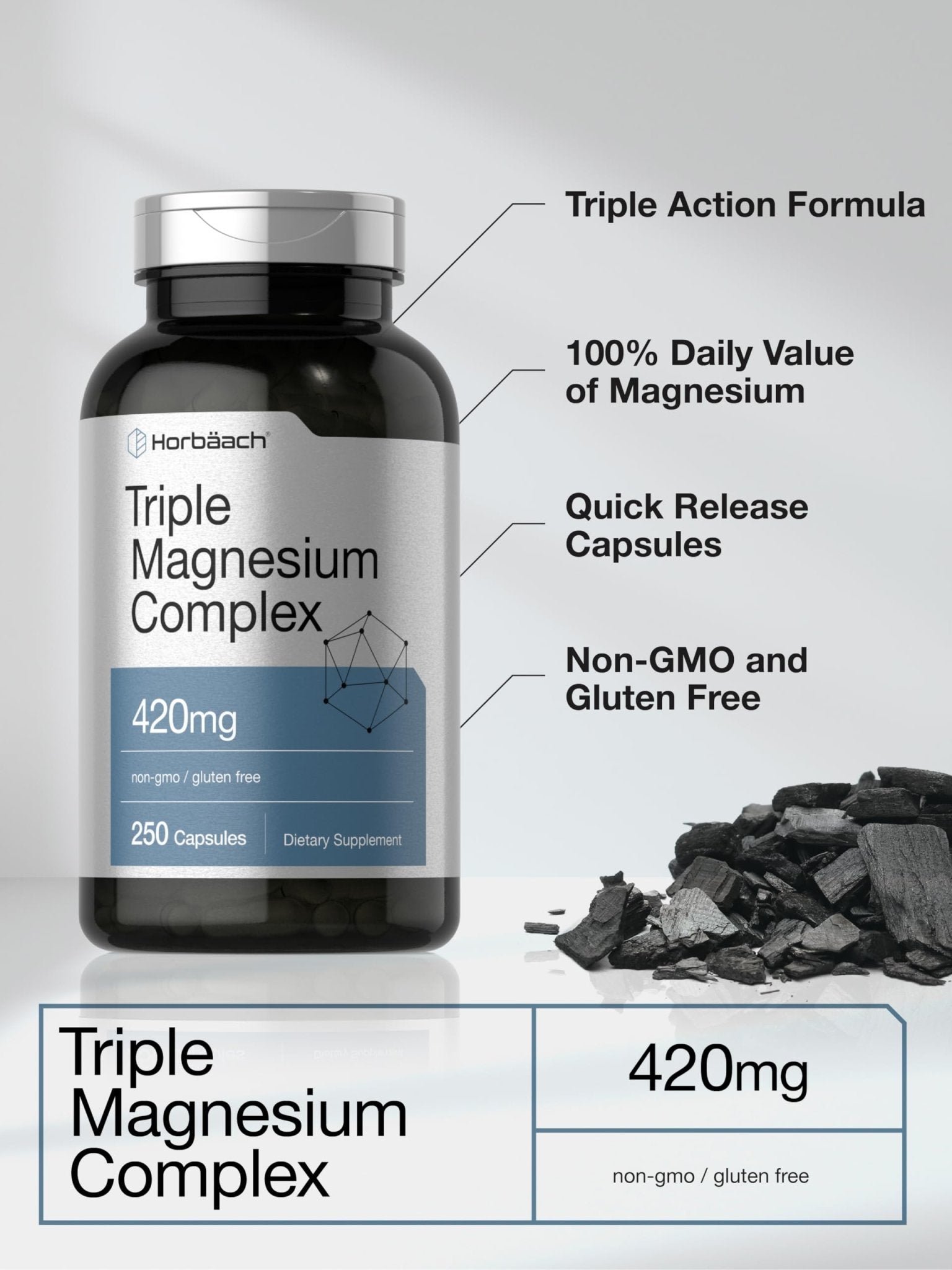 Horbäach Triple Magnesium Complex | 420 mg | 250 Capsules | Non-GMO and Gluten Free Formula | Magnesium Oxide, Citrate, and Aspartate Dietary Supplement - dailyvitalstore