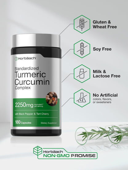 Horbäach Turmeric Curcumin Supplement | 180 Capsules | with Black Pepper & Tart Cherry | Non-GMO & Gluten Free - dailyvitalstore