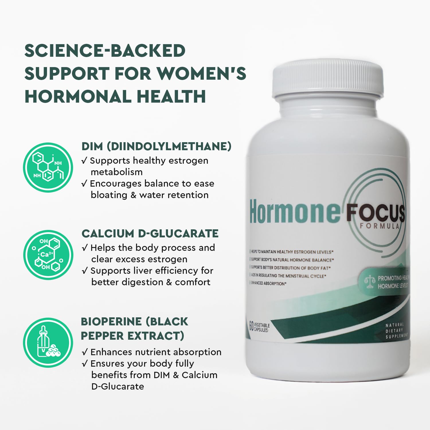 Hormone Focus – Estrogen Balance for Women - DIM Supplement with Diindolylmethane, Calcium D-Glucarate & BioPerine – Supports Hormonal Health, Mood, Energy, Mental Clarity, Clear Skin & Weight - dailyvitalstore