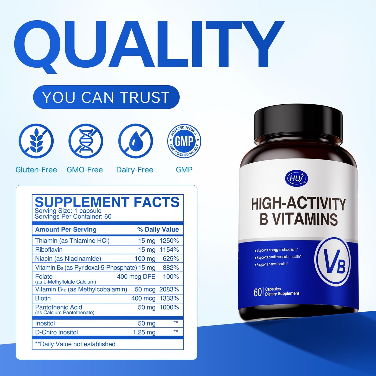 HUJ High-Activity B Vitamins - Supports Normal Energy Metabolism & Nerve System Health - Supplement with 8 B Vitamins, Inositol and D-Chiro Inositol - 60 Capsules. - dailyvitalstore